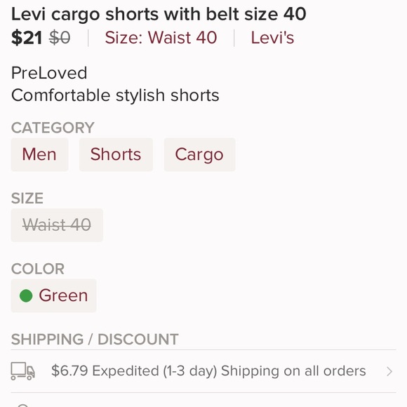 Levi’s Cargo Shorts Olive Green - Picture 7 of 7